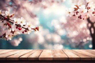 Naklejka na ściany i meble Empty wooden table with over blossom cherry tree bokeh background. Spring concept. Mock up for display or montage product