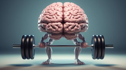 Human brain lifting dumbbell. Mind training concept illustration - obrazy, fototapety, plakaty
