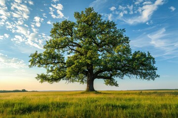 Fototapeta na wymiar Old oak tree standing alone in a meadow