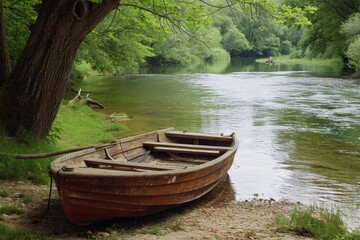 Old wooden rowboat moored on a quiet riverbank