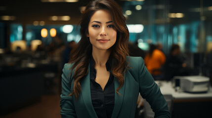 Obraz premium Asian, portrait and business with night, office and professional entrepreneur in building. Happy, smiling and urban with Japanese female wearing a business suit for leadership and bokeh success