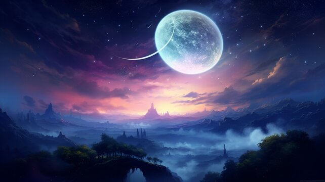 Crescent moon sky galaxy painting wallpaper image Ai generated art