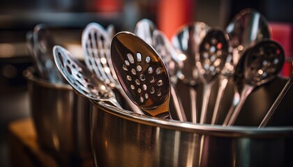 Close Up of Metal Bowl With Spoons - Kitchen Utensils and Culinary Equipment