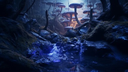 Dense forest magic blue giant mushrooms photography image Ai generated art - obrazy, fototapety, plakaty