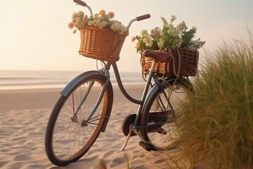 Fototapeta na wymiar Nostalgic Coastal Charm: Vintage Bicycle Leaning Against the Seaside Serenity, Vintage Bicycle, Coastal Charm, Seaside, Nostalgic, Beach Scene, Retro, Seashore,