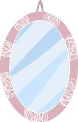 Oval mirror with ornate frame, elegant wall mirror design, decorative bathroom element. Vintage interior accessory vector illustration.