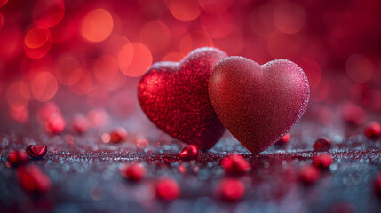 Two shiny red and pink hearts on transparent pink background as symbol of love. S. Valentines day concept. Selective focus. Generated with AI