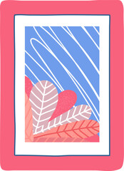 Abstract geometric shapes and plant leaves in a red frame. Modern art print with blue stripes and pink leaf patterns. Trendy wall decor vector illustration.