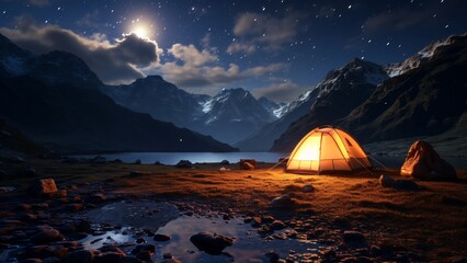 Fototapeta na wymiar Starry Night Camping: Long Exposure Reveals Enchanting Sky, Campfire or Tent in Foreground