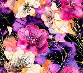 Gold Pink Purple Luxury Alcohol Ink Floral Seamless Pattern with Black Background