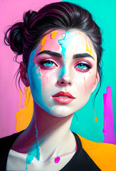 Fototapeta premium Portrait of a girl, photorealistic colorful oil paints, abstract execution, painting of a woman face, Fantasy concept , Conceptual closeup of an oil painting and palette, Generative AI
