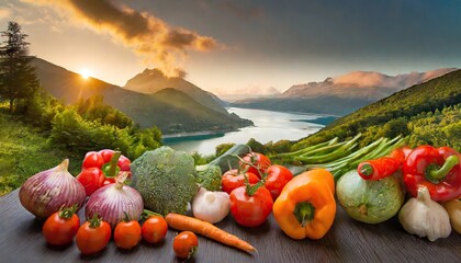 fresh vegetables on a wooden table with a landscape nature background