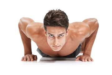 Man, portrait and push up or exercise in studio, core and cardio workout for muscle development. Male person, athlete and face by white background, bodybuilding and performance challenge or fitness