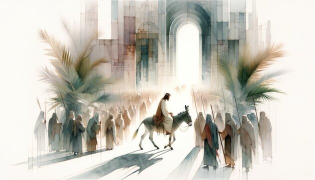 Jesus Entering In Jerusalem. Palm Sunday. New Testament. Watercolor Biblical Illustration	