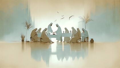 The Last Supper. Jesus. Maundy Holy Thursday. New Testament. Watercolor Biblical Illustration	 - obrazy, fototapety, plakaty