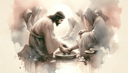 Washing of the Feet. Jesus. Maundy Holy Thursday. New Testament. Watercolor Biblical Illustration	 - obrazy, fototapety, plakaty