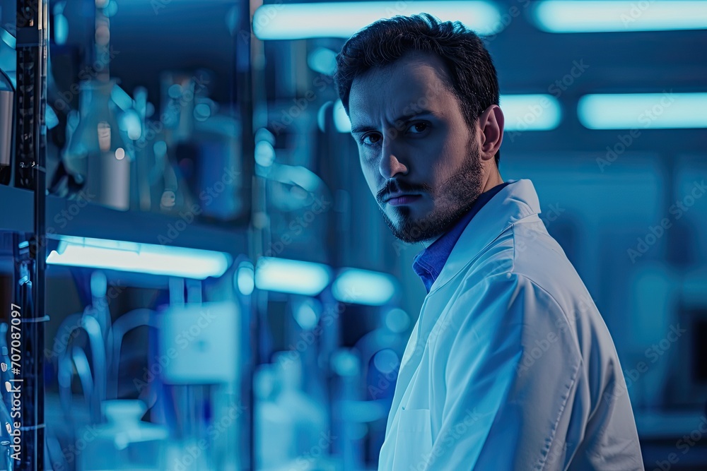 Poster a studious man in a crisp lab coat gazes intently at a computer screen, his piercing blue eyes focus