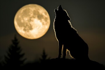 Naklejka premium Silhouette of a lone wolf howling at the moon