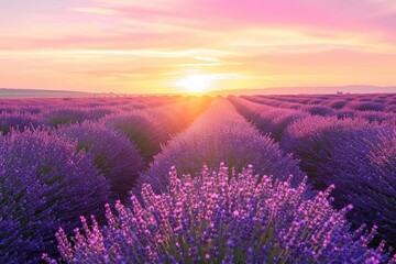 As the vibrant purple hues of the lavender field merge with the fiery sunset sky, the natural beauty of the forb flowers and grasses create a stunning outdoor landscape that captures the essence of n