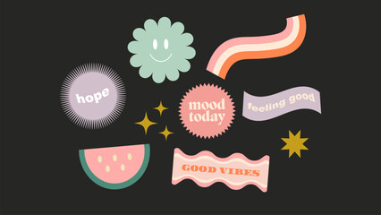 Colorful stickers, hipster labels and tags. Vector illustration,
 Groovy labels with typography in retro style.