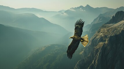 A majestic bird soars gracefully through the expansive mountain range, its powerful wings spread wide against the vivid blue sky, embodying the untamed spirit of nature's beauty and freedom
