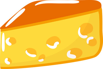 Bright yellow wedge of Swiss cheese with holes. Dairy product cartoon style vector illustration.
