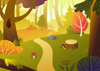 Cartoon autumn forest background. Cute vector woodland landscape with hills and pathway.