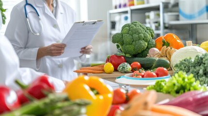 A conscientious person takes notes next to a bountiful display of vibrant, farm-fresh vegetables at the local market, promoting a healthy and sustainable diet filled with natural, whole foods