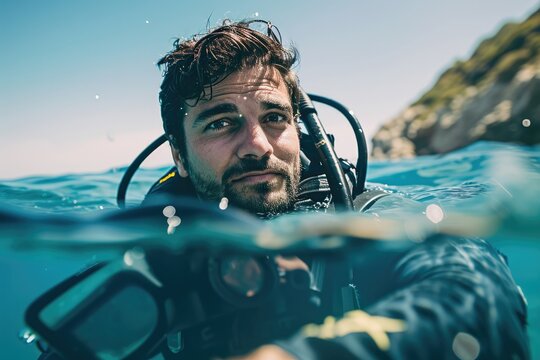 A skilled divemaster gracefully navigates the underwater world, his human face hidden behind an oxygen mask as he explores the vast blue depths in his scuba suit