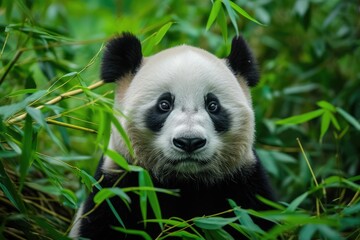 A majestic giant panda emerges from the lush green bushes, its snout twitching as it surveys its outdoor habitat filled with vibrant plants and other wildlife