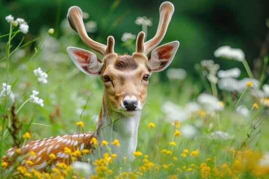 A majestic whitetailed deer stands gracefully among a vibrant field of yellow flowers, embodying the beauty and harmony of nature