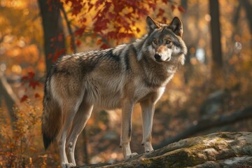 A majestic red wolf, part of the wild canis family, stands confidently on a log in the autumn woods, showcasing its fierce yet elegant nature