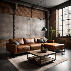 loft-style industrial living room interior, featuring a leather sofa, wood tables, and a concrete wall. 