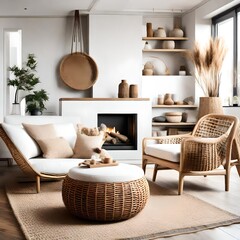 modern living room with Scandinavian and hygge home interior design, featuring a rattan lounge chair, wicker pouf, and a white sofa by a fireplace.