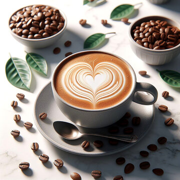 coffee in a cup and have heart-shaped latte art with a beautiful leaf-shaped saucer Hyper realistic