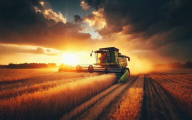 Fototapeta premium Combine harvester harvesting ripe wheat on big wheat field and tractor