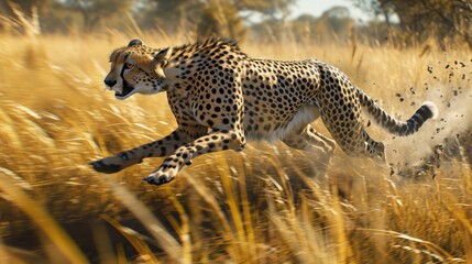 A majestic cheetah gracefully sprints through a lush field, its spotted coat blending seamlessly with the tall grass as it navigates its natural habitat
