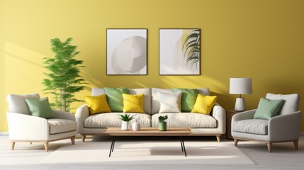  modern, comfortable living room with armchair, table, pillow and other decorations.