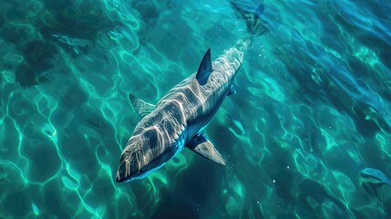 A majestic cartilaginous fish glides through the aqua depths of the ocean, its powerful fin propelling it gracefully through the water like a marine mammal, a true marvel of marine biology - obrazy, fototapety, plakaty