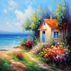 Oil Painting - House Near the Sea, Colorful Flora
