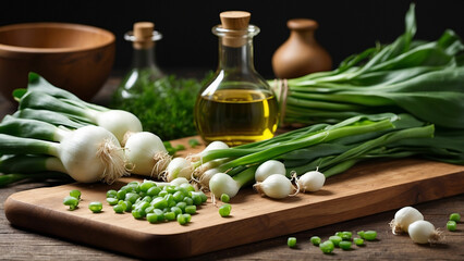 wooden chopping board holds a heap of spring onions develop a recipe for a homemade spring onion-infused oil