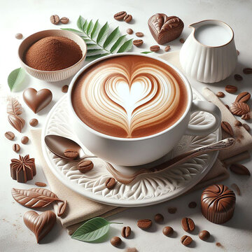 coffee in a cup and have heart-shaped latte art with a beautiful leaf-shaped saucer Hyper realistic