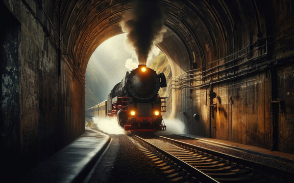 Fototapeta Old steam train pulling into a tunnel belching steam and smoke