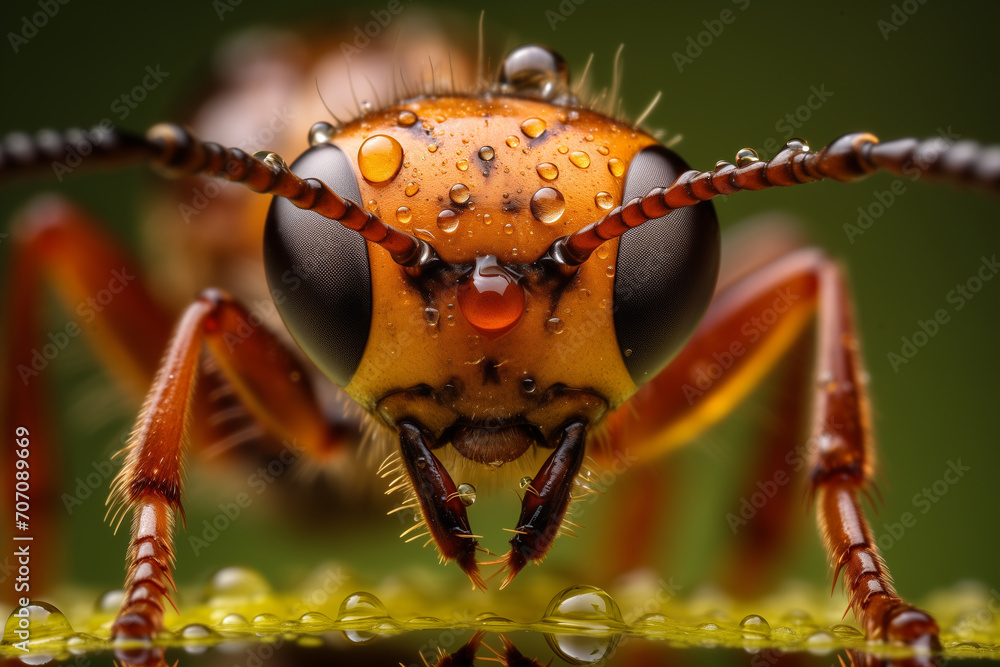 Poster extreme sharp and detailed view of small metallic wasp. close-up macro shot. a macro photograph of r