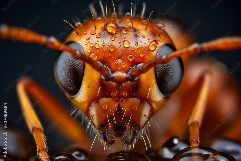 Poster Extreme sharp and detailed view of small metallic wasp. close-up macro shot. A macro photograph of red ant on the ground.