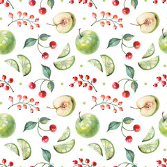 Seamless pattern with watercolor apples, lime slices, leaves and currant. Fruit background. Design for wrapping paper, wallpaper, textile, backdrop and other.