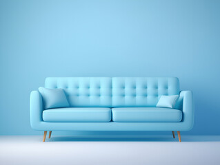 Modern interior. Comfort on a blue sofa against a blue wall, accentuated by the pristine white floor. An ideal space for relaxation and inspiration.