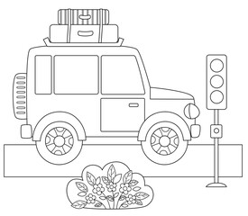  Car with baggage on the road. Outline for colouring