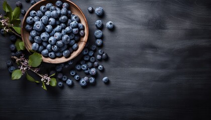 Blueberries on modern dark kitchen table from above  - obrazy, fototapety, plakaty