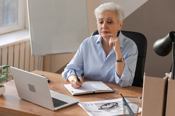 Middle aged senior woman using laptop computer writing notes at workplace. Focused mature old businesswoman work at office making written records doing online work. Mature boss professional worker